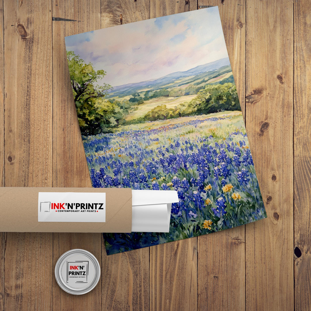 Texas Hill Country Watercolor Art Print Bluebonnets Painting Texas Wall Decor Travel Gift