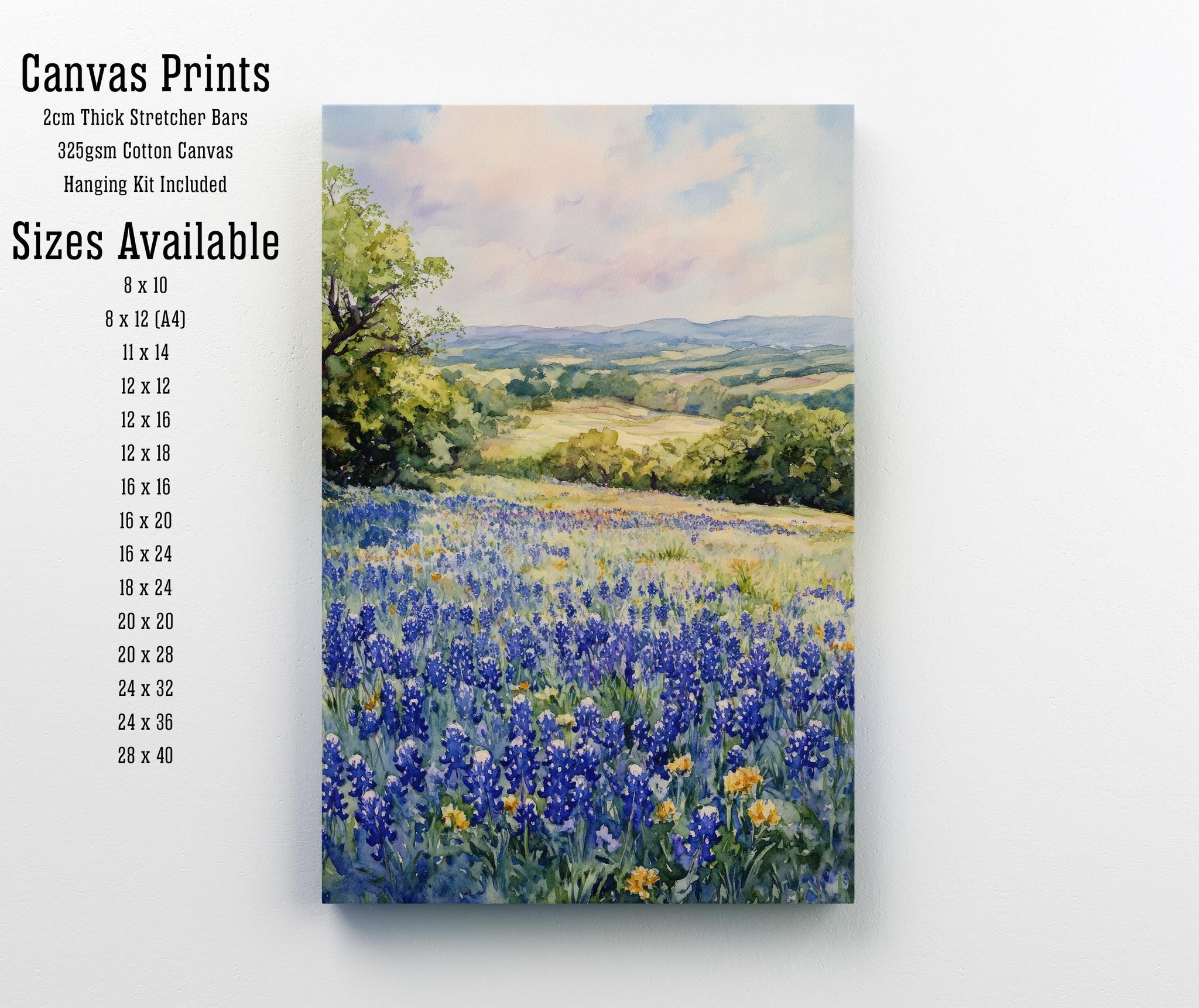 Texas Hill Country Watercolor Art Print Bluebonnets Painting Texas Wall Decor Travel Gift