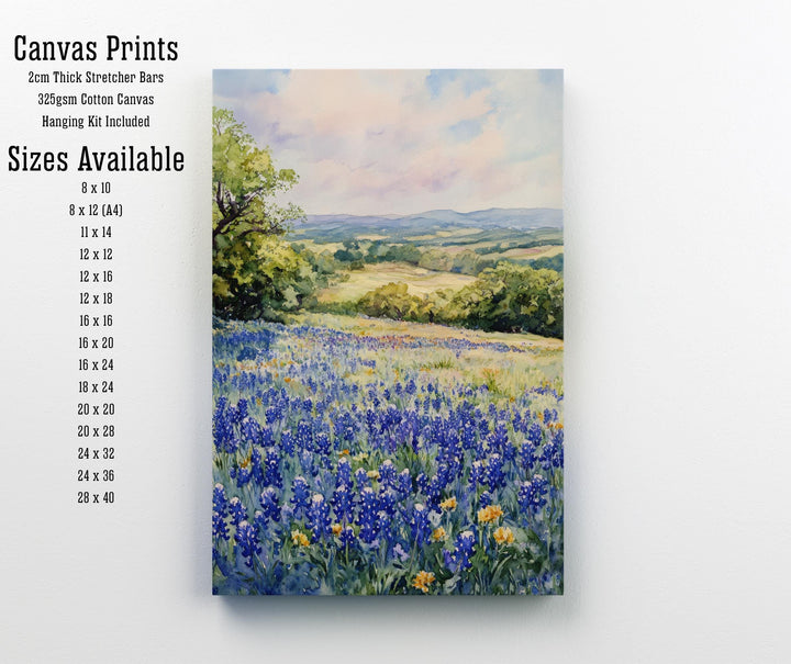 Texas Hill Country Watercolor Art Print Bluebonnets Painting Texas Wall Decor Travel Gift