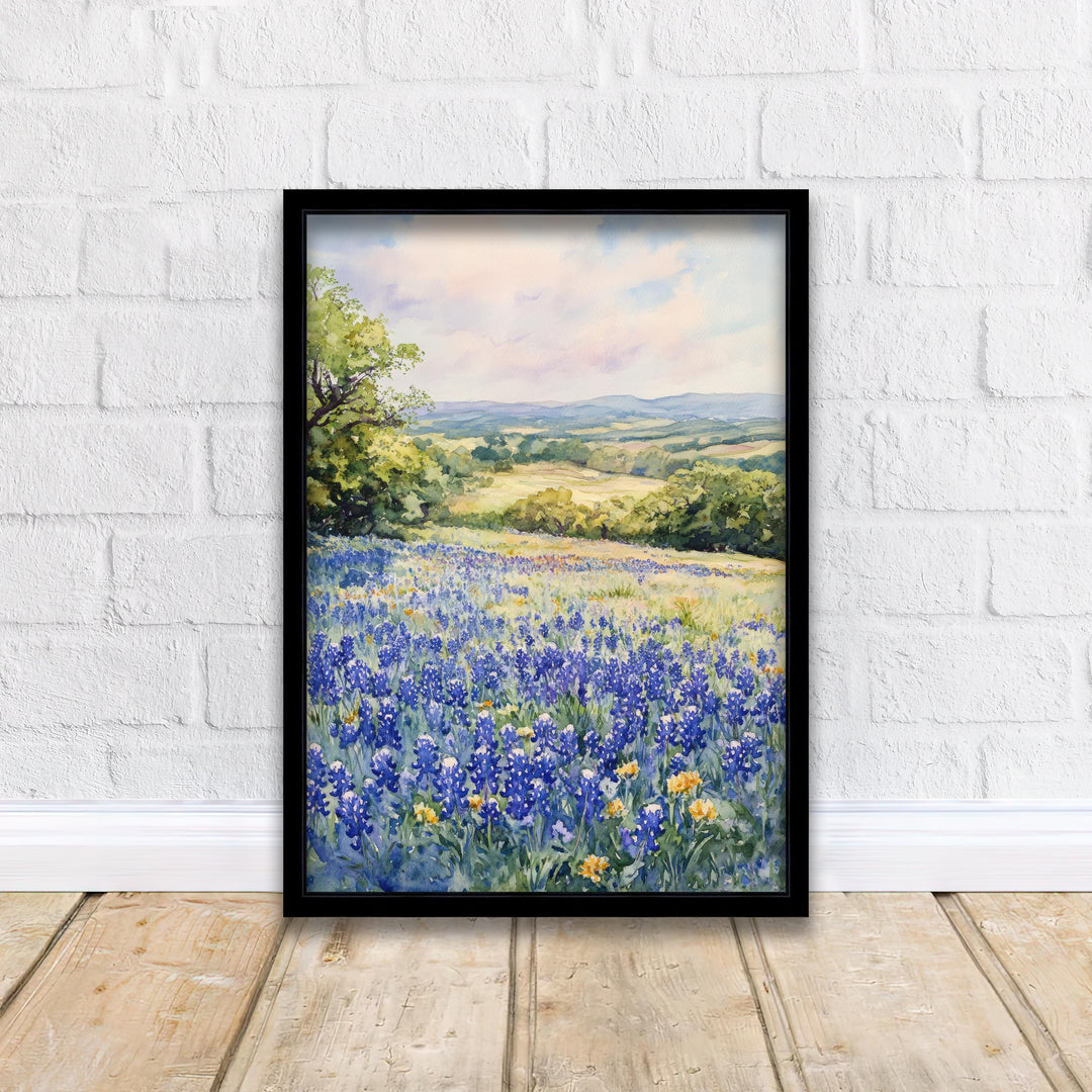 Texas Hill Country Watercolor Art Print Bluebonnets Painting Texas Wall Decor Travel Gift