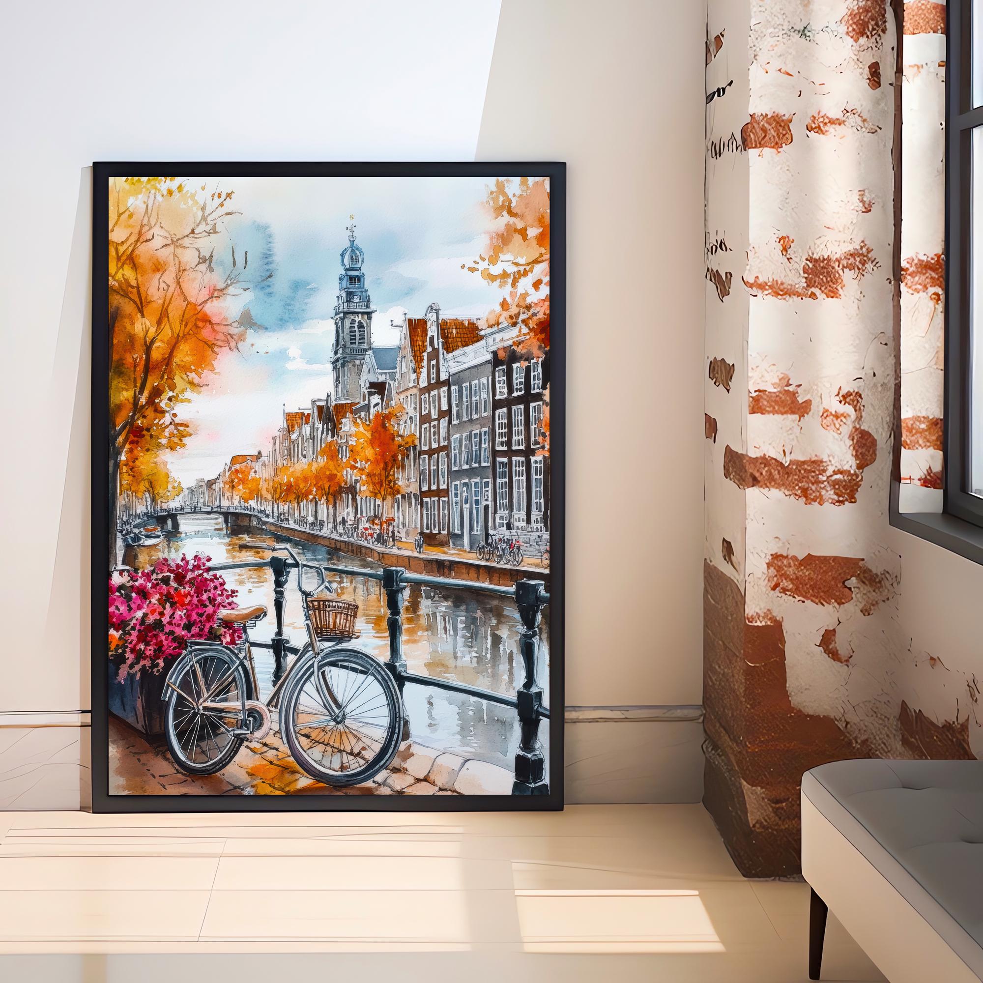 Amsterdam Watercolor Painting Netherlands Wall Art Canal Houses Print European Cityscape Decor Travel Gift