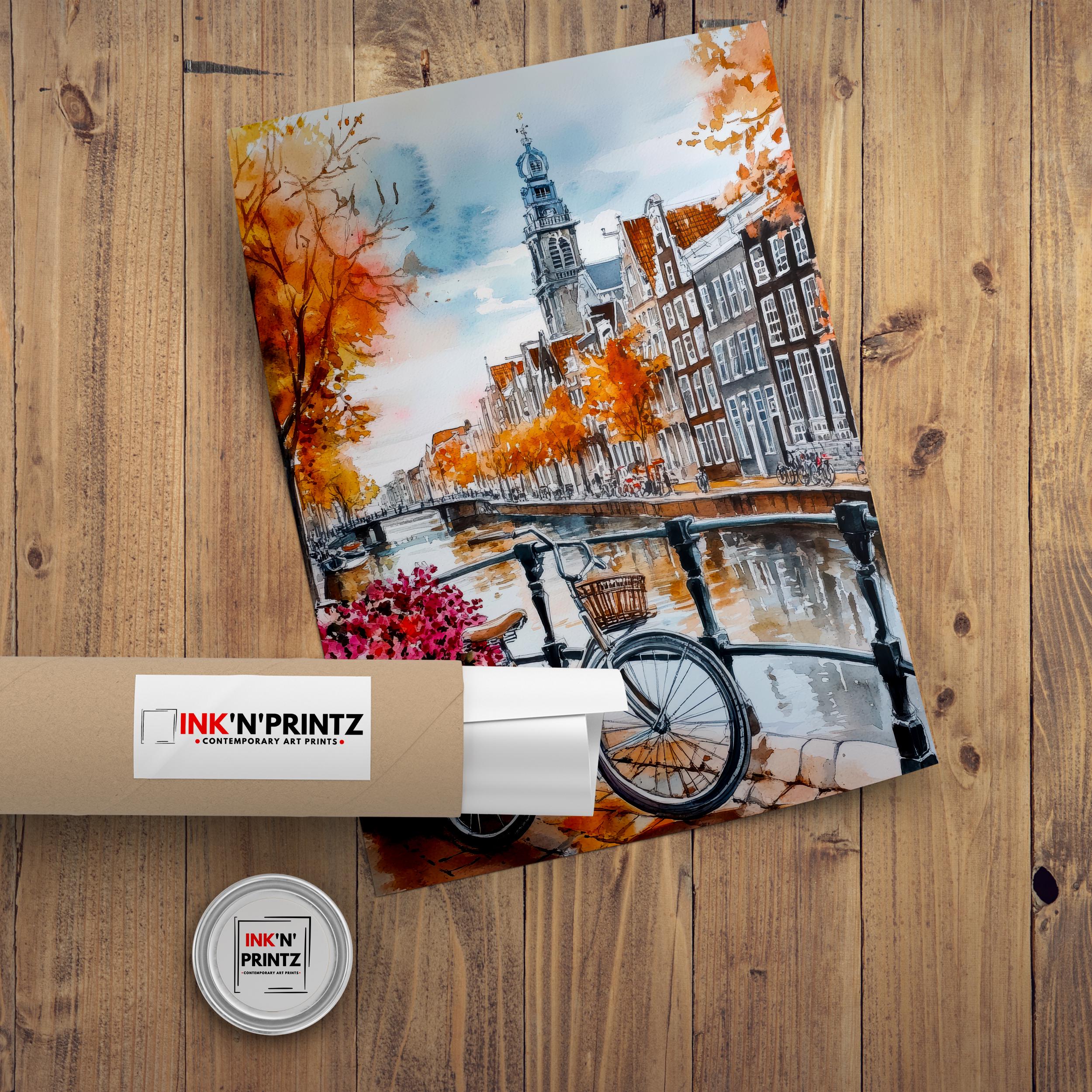 Amsterdam Watercolor Painting Netherlands Wall Art Canal Houses Print European Cityscape Decor Travel Gift