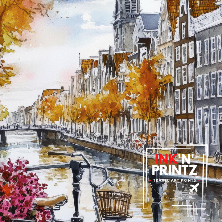 Amsterdam Watercolor Painting Netherlands Wall Art Canal Houses Print European Cityscape Decor Travel Gift