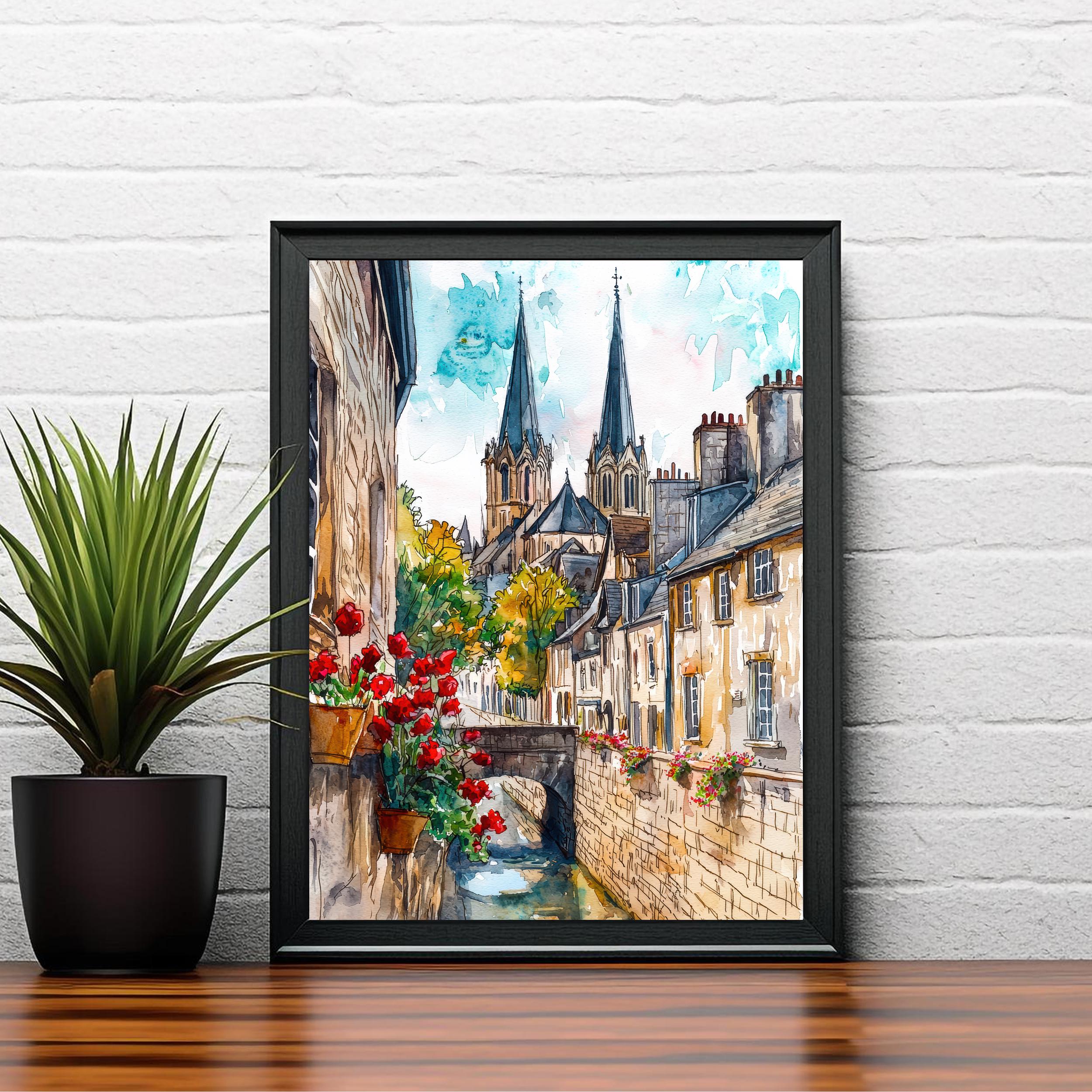 Bayeux Watercolor Painting Normandy Wall Art Historic French Town Print Cathedral Decor Travel Gift