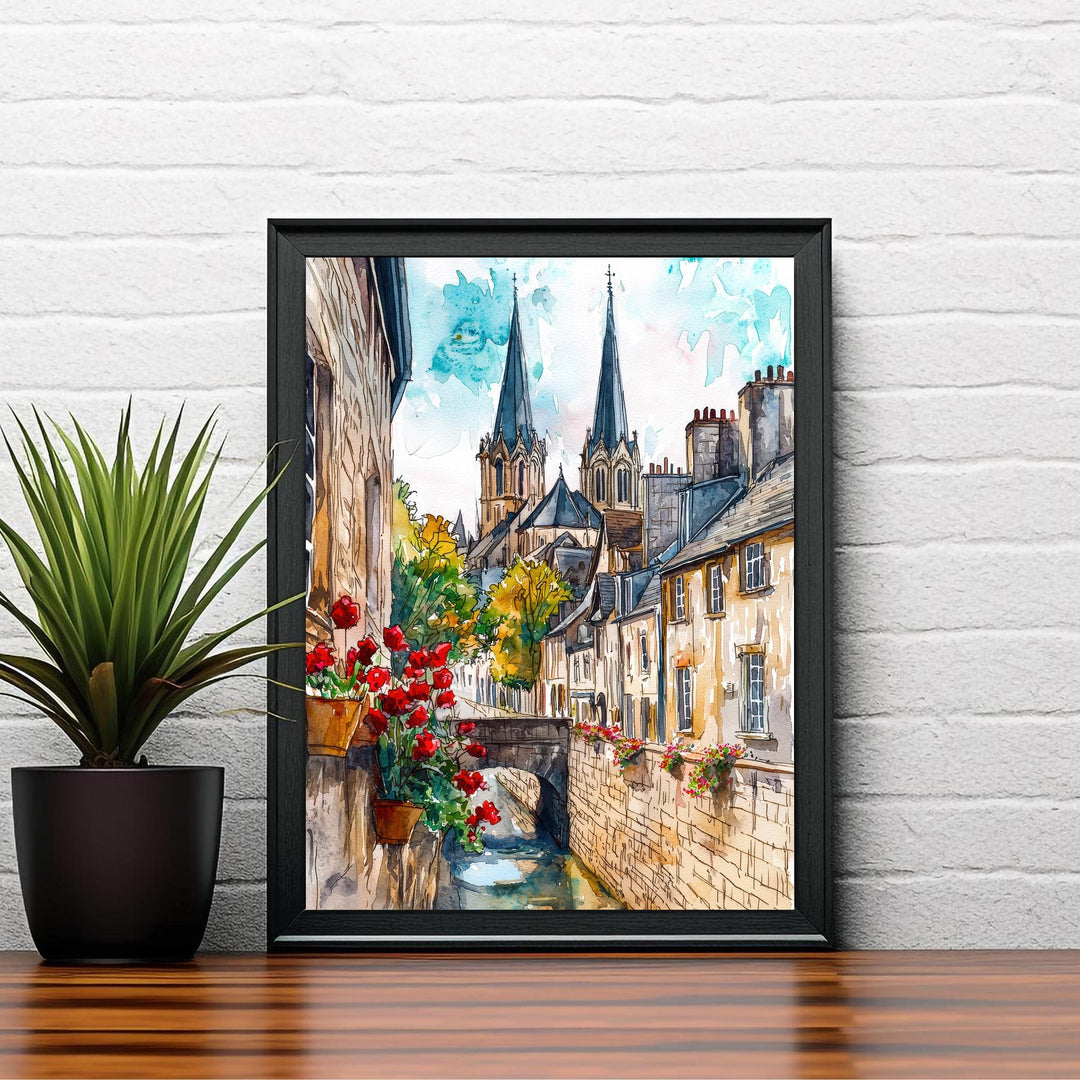 Bayeux Watercolor Painting Normandy Wall Art Historic French Town Print Cathedral Decor Travel Gift
