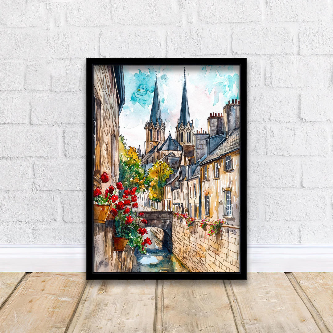Bayeux Watercolor Painting Normandy Wall Art Historic French Town Print Cathedral Decor Travel Gift