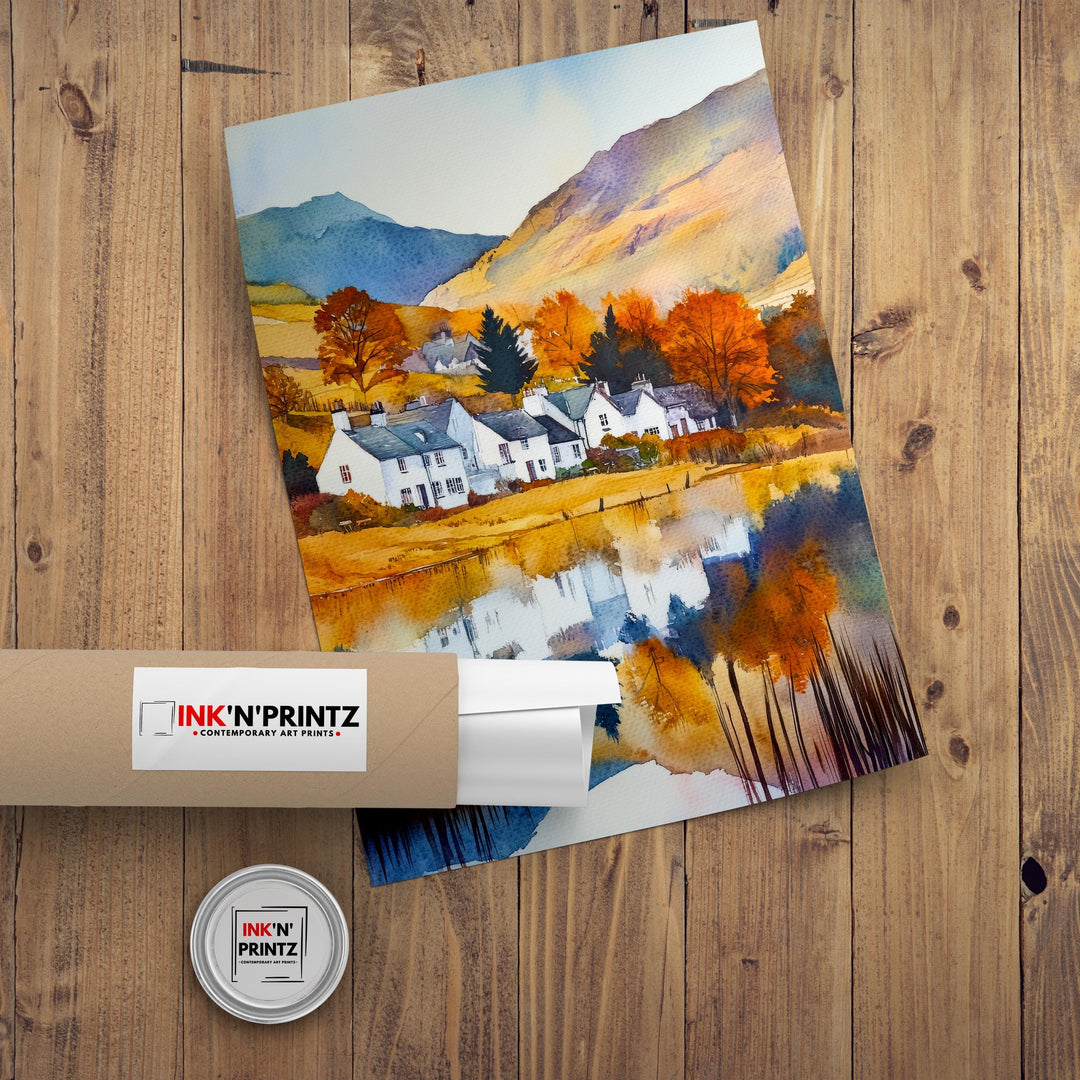 Lake District Watercolor Painting English Countryside Wall Art Scenic Landscape Print UK Travel Decor Gift