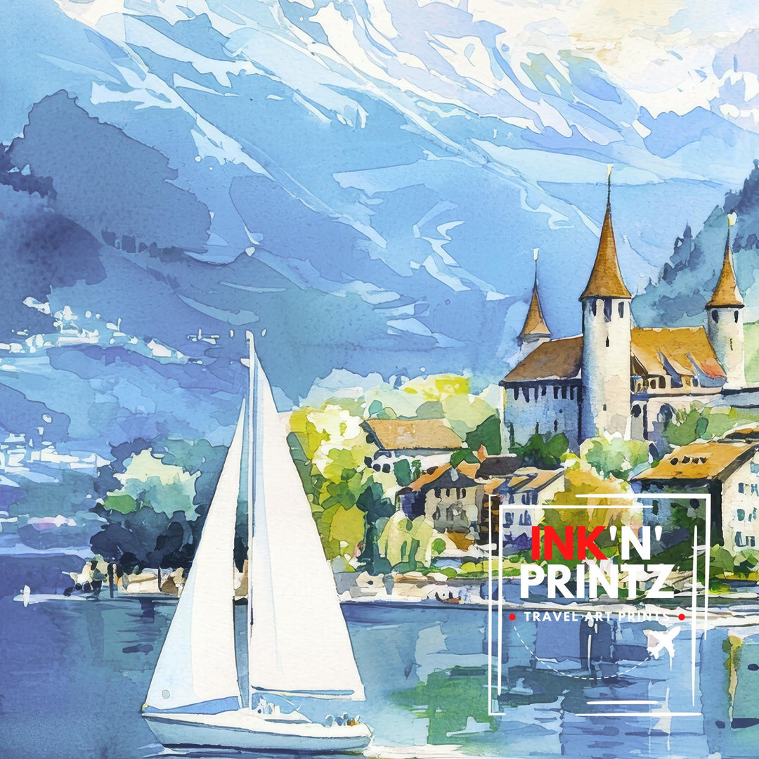 Lake Geneva Travel Poster Print Switzerland Wall Art Scenic Alpine Landscape Decor Gift for Europe Lovers
