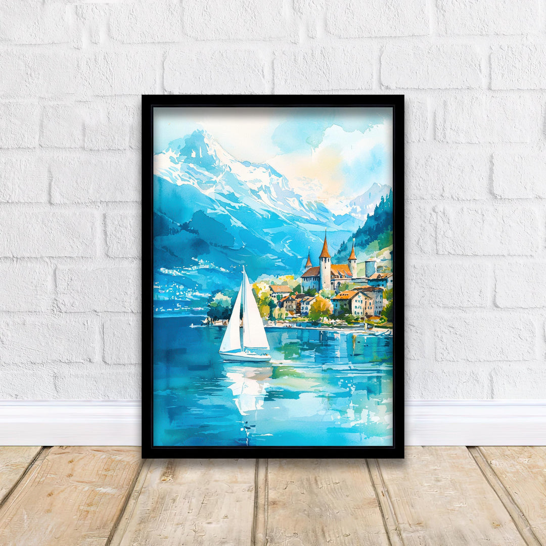 Lake Geneva Travel Poster Print Switzerland Wall Art Scenic Alpine Landscape Decor Gift for Europe Lovers