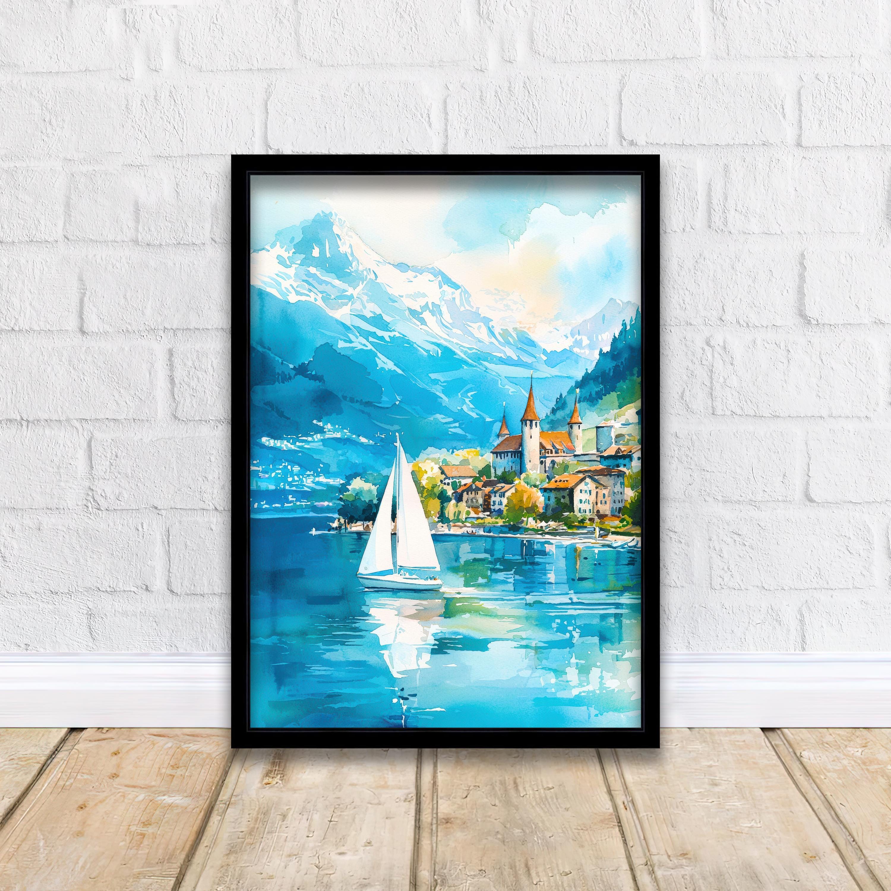Lake Geneva Travel Poster Print Switzerland Wall Art Scenic Alpine Landscape Decor Gift for Europe Lovers