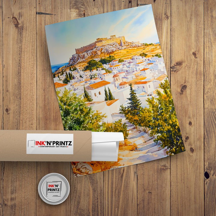 Lindos Rhodes Travel Poster Print Greece Wall Art Greek Island Decor Scenic Coastal Landscape Gift