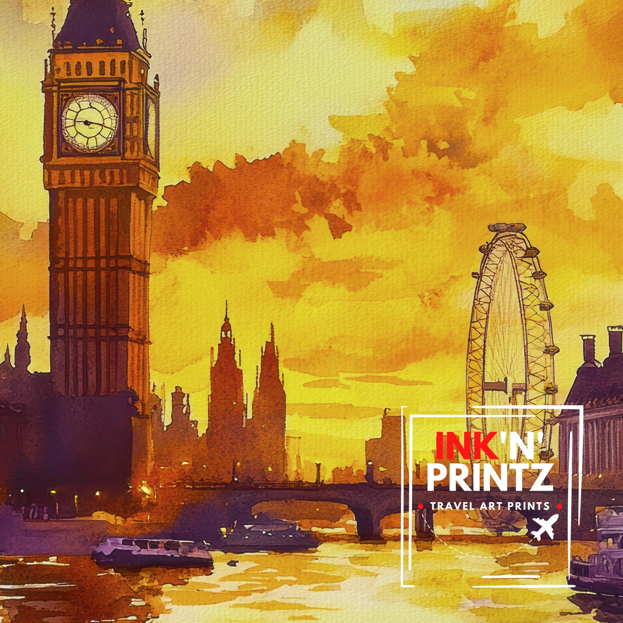 London Watercolour Painting England Wall Art City Skyline Print British Landmark Decor Travel Gift