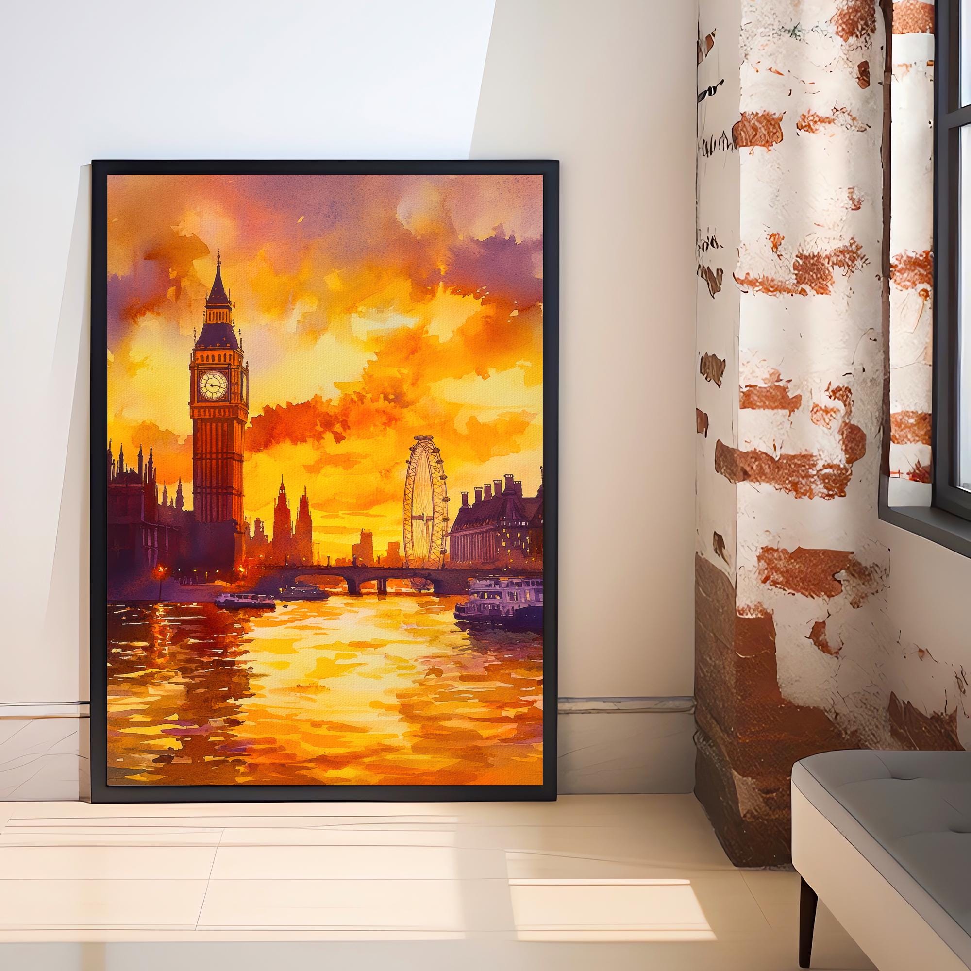 London Watercolour Painting England Wall Art City Skyline Print British Landmark Decor Travel Gift