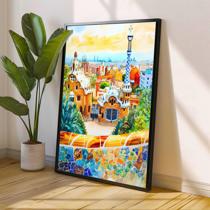 Parc Guell Watercolour Painting Poster Barcelona Spain Wall Art Gaudi Architecture Print Gift for Europe Lovers and Fans of Scenic Spanish