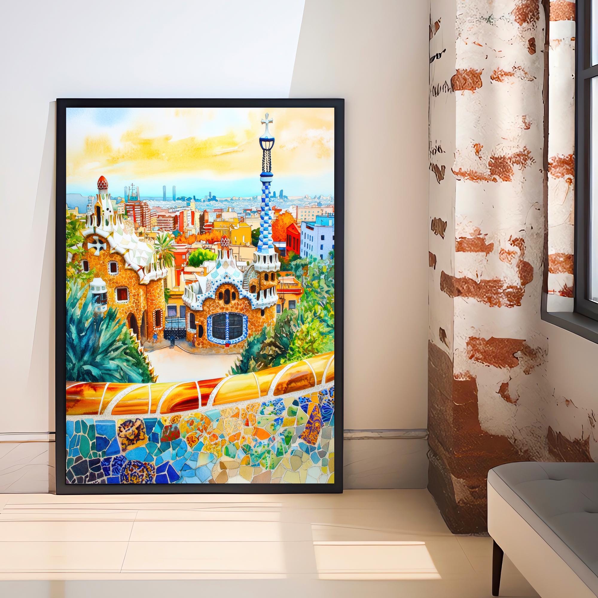 Parc Guell Watercolour Painting Poster Barcelona Spain Wall Art Gaudi Architecture Print Gift for Europe Lovers and Fans of Scenic Spanish