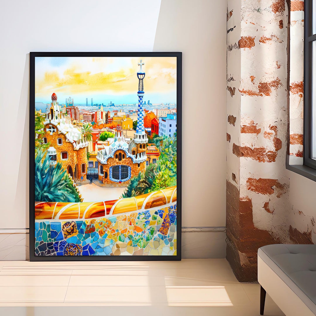 Parc Guell Watercolour Painting Poster Barcelona Spain Wall Art Gaudi Architecture Print Gift for Europe Lovers and Fans of Scenic Spanish