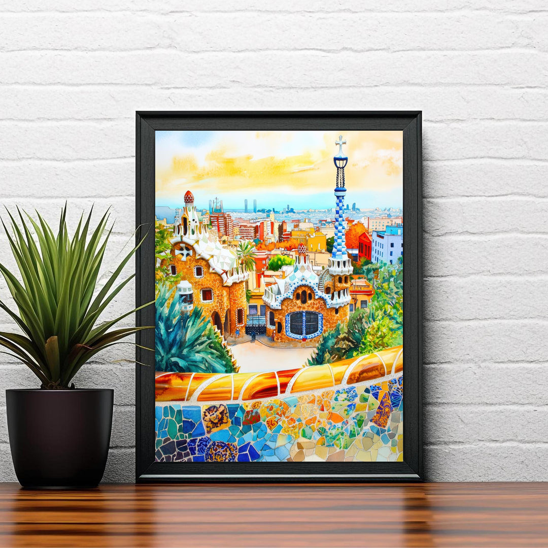 Parc Guell Watercolour Painting Poster Barcelona Spain Wall Art Gaudi Architecture Print Gift for Europe Lovers and Fans of Scenic Spanish