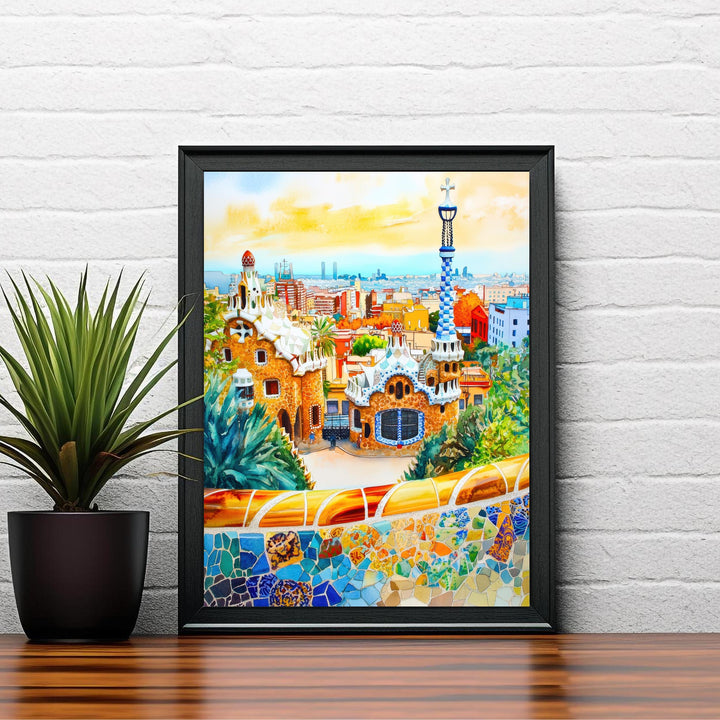 Parc Guell Watercolour Painting Poster Barcelona Spain Wall Art Gaudi Architecture Print Gift for Europe Lovers and Fans of Scenic Spanish