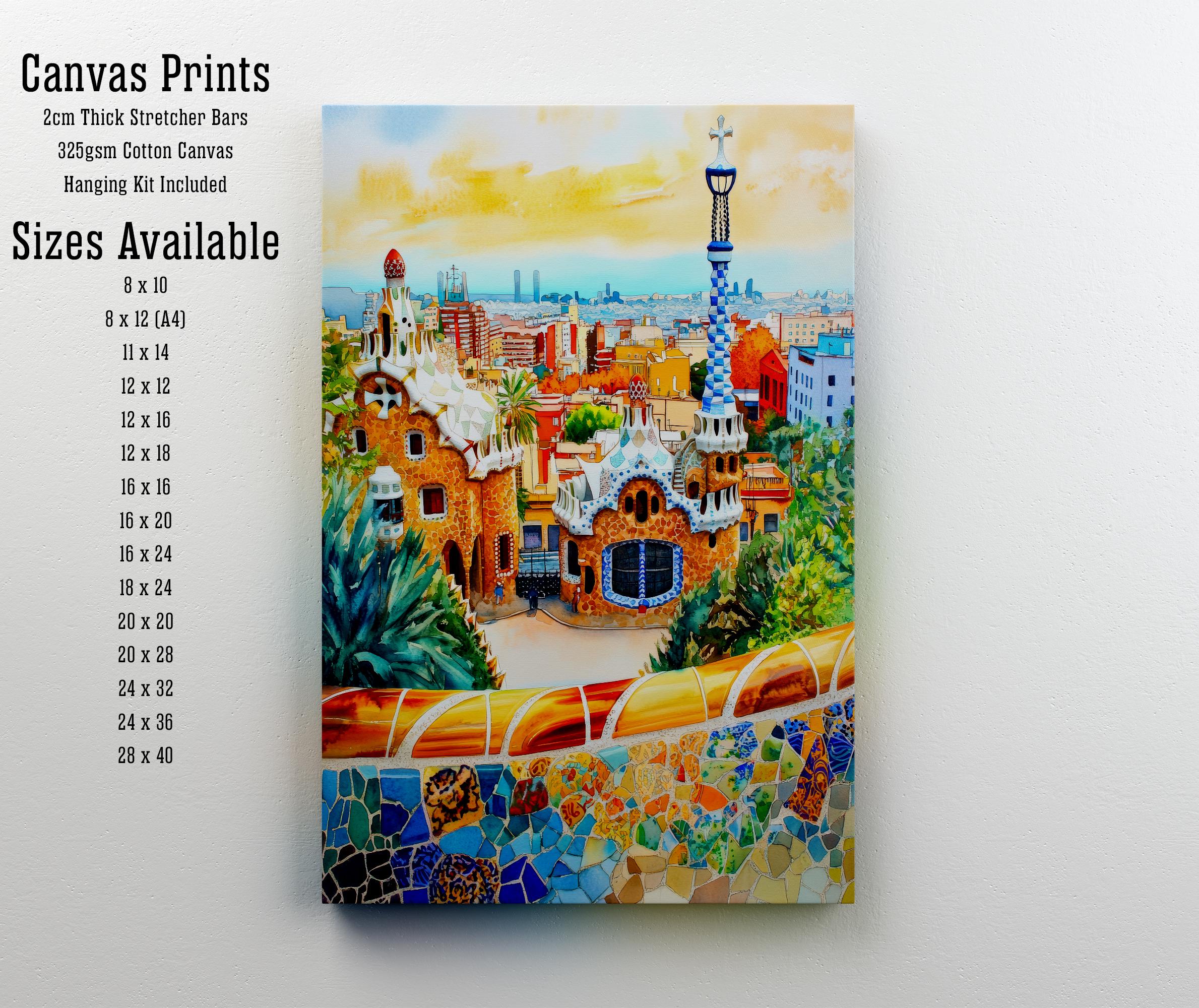Parc Guell Watercolour Painting Poster Barcelona Spain Wall Art Gaudi Architecture Print Gift for Europe Lovers and Fans of Scenic Spanish