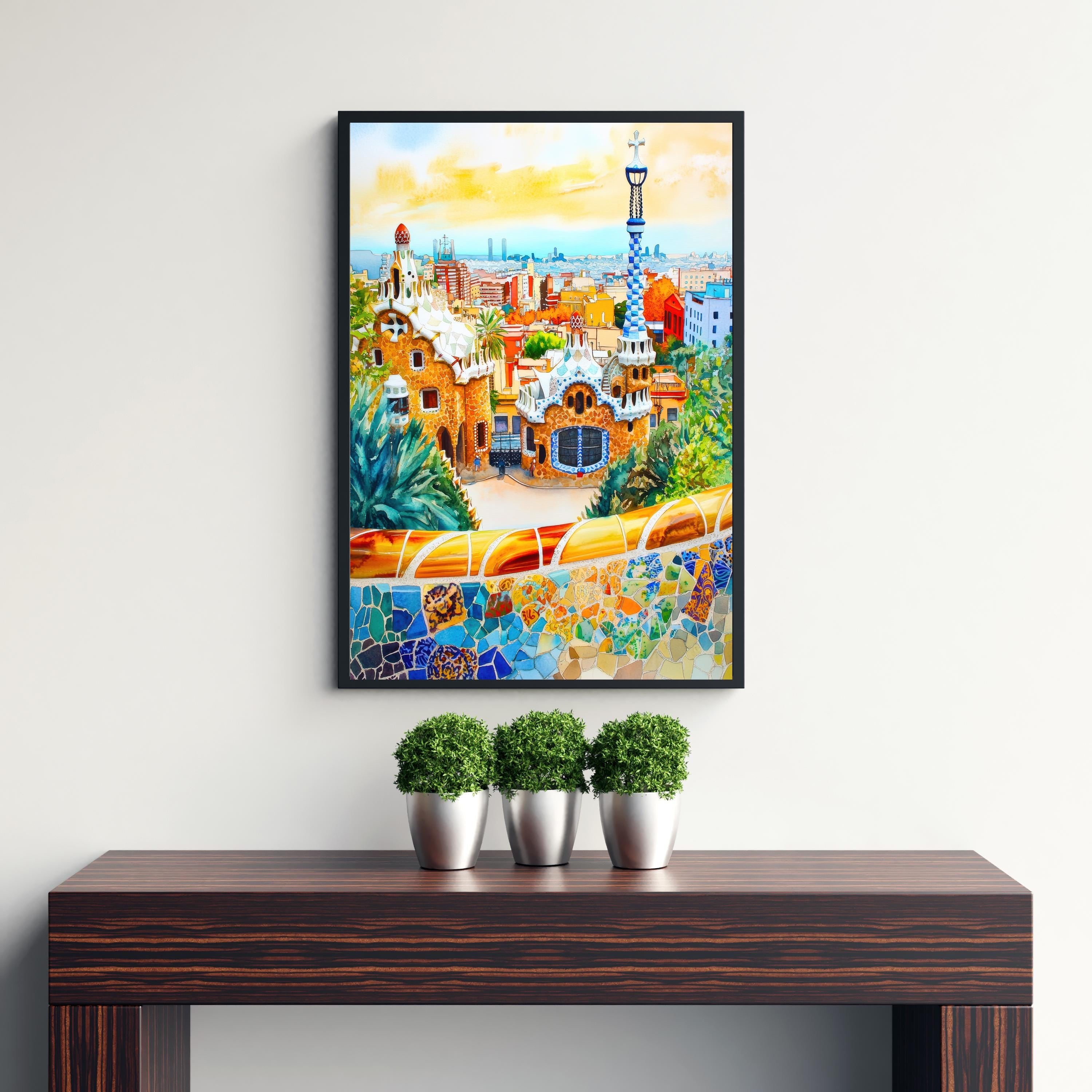 Parc Guell Watercolour Painting Poster Barcelona Spain Wall Art Gaudi Architecture Print Gift for Europe Lovers and Fans of Scenic Spanish