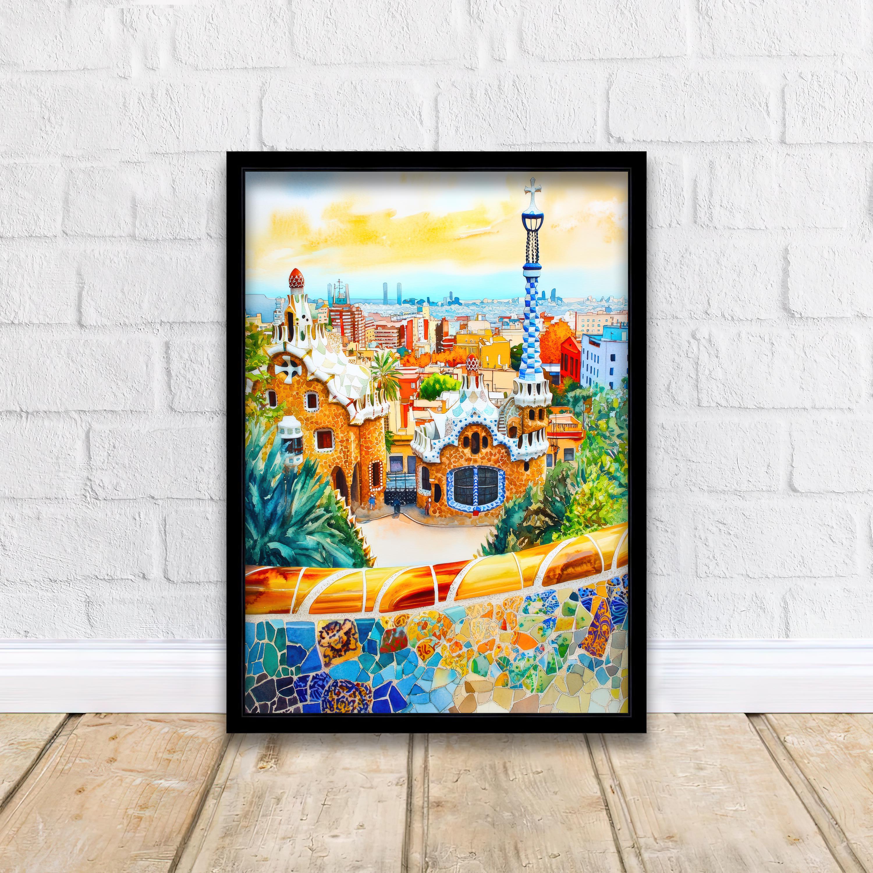 Parc Guell Watercolour Painting Poster Barcelona Spain Wall Art Gaudi Architecture Print Gift for Europe Lovers and Fans of Scenic Spanish