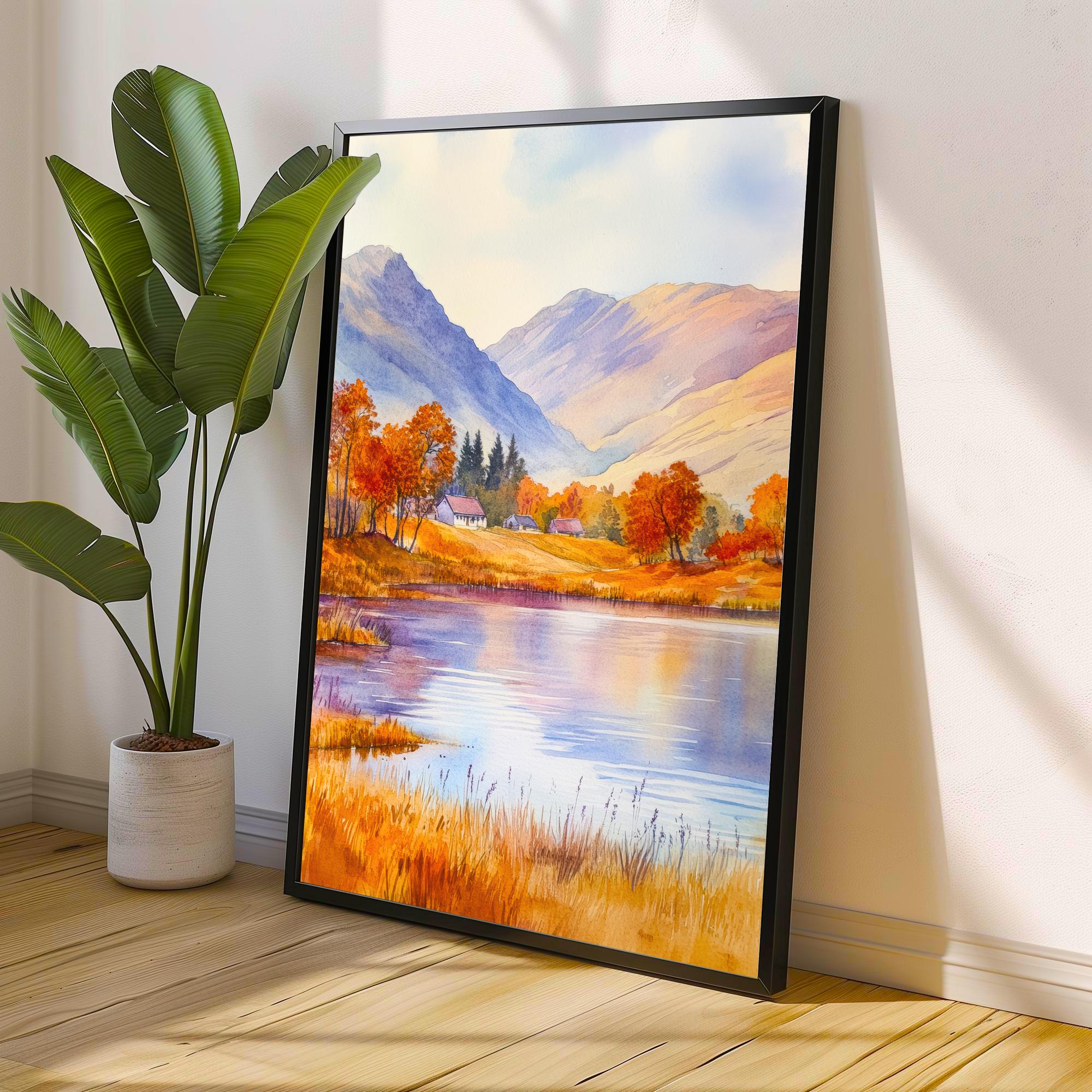 Scottish Highlands Watercolour Painting Poster Scotland Wall Art Mountain Landscape Print Gift for UK Nature Lovers and Fans of Scenic