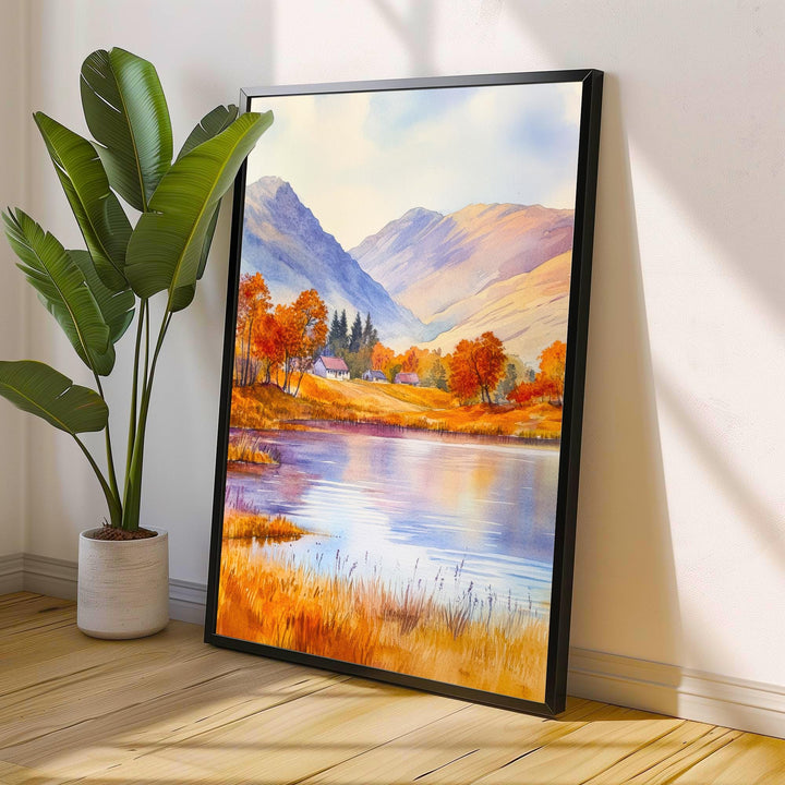 Scottish Highlands Watercolour Painting Poster Scotland Wall Art Mountain Landscape Print Gift for UK Nature Lovers and Fans of Scenic