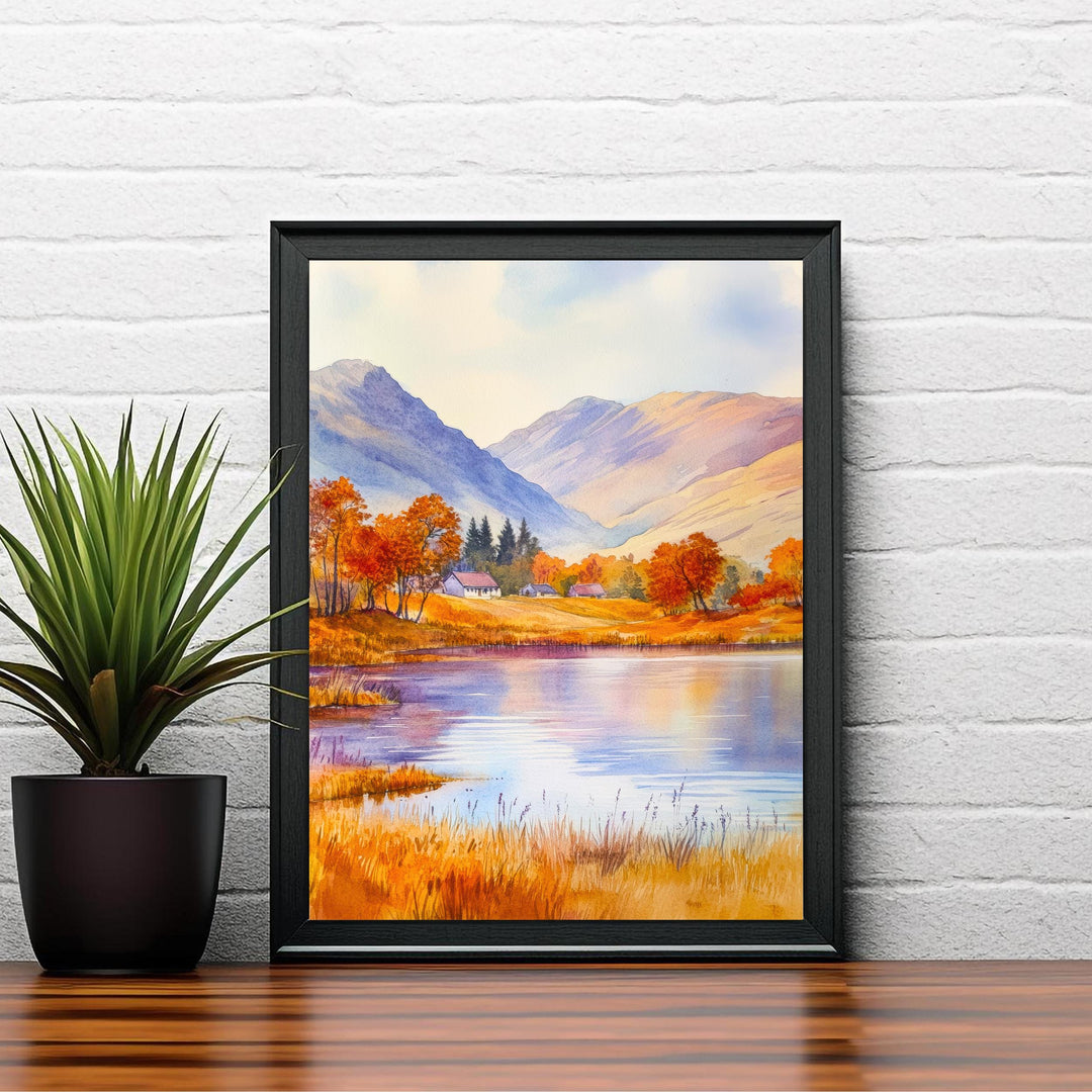 Scottish Highlands Watercolour Painting Poster Scotland Wall Art Mountain Landscape Print Gift for UK Nature Lovers and Fans of Scenic