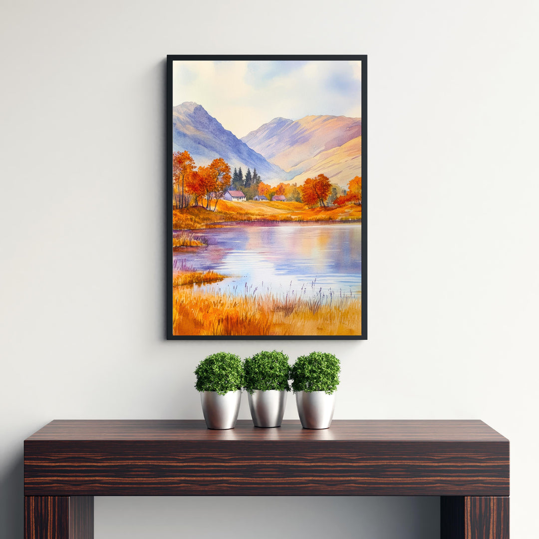 Scottish Highlands Watercolour Painting Poster Scotland Wall Art Mountain Landscape Print Gift for UK Nature Lovers and Fans of Scenic
