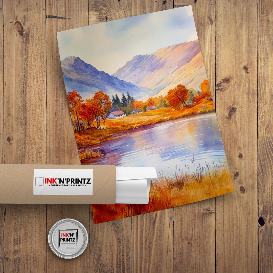 Scottish Highlands Watercolour Painting Poster Scotland Wall Art Mountain Landscape Print Gift for UK Nature Lovers and Fans of Scenic