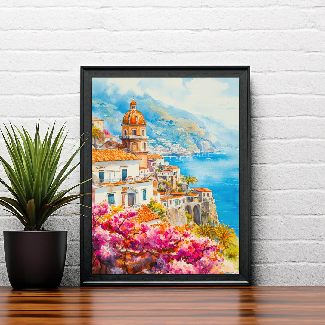 Amalfi Coast Watercolour Painting Poster Italy Wall Art Mediterranean Coastal Print Gift for Europe Lovers and Fans of Scenic Italian