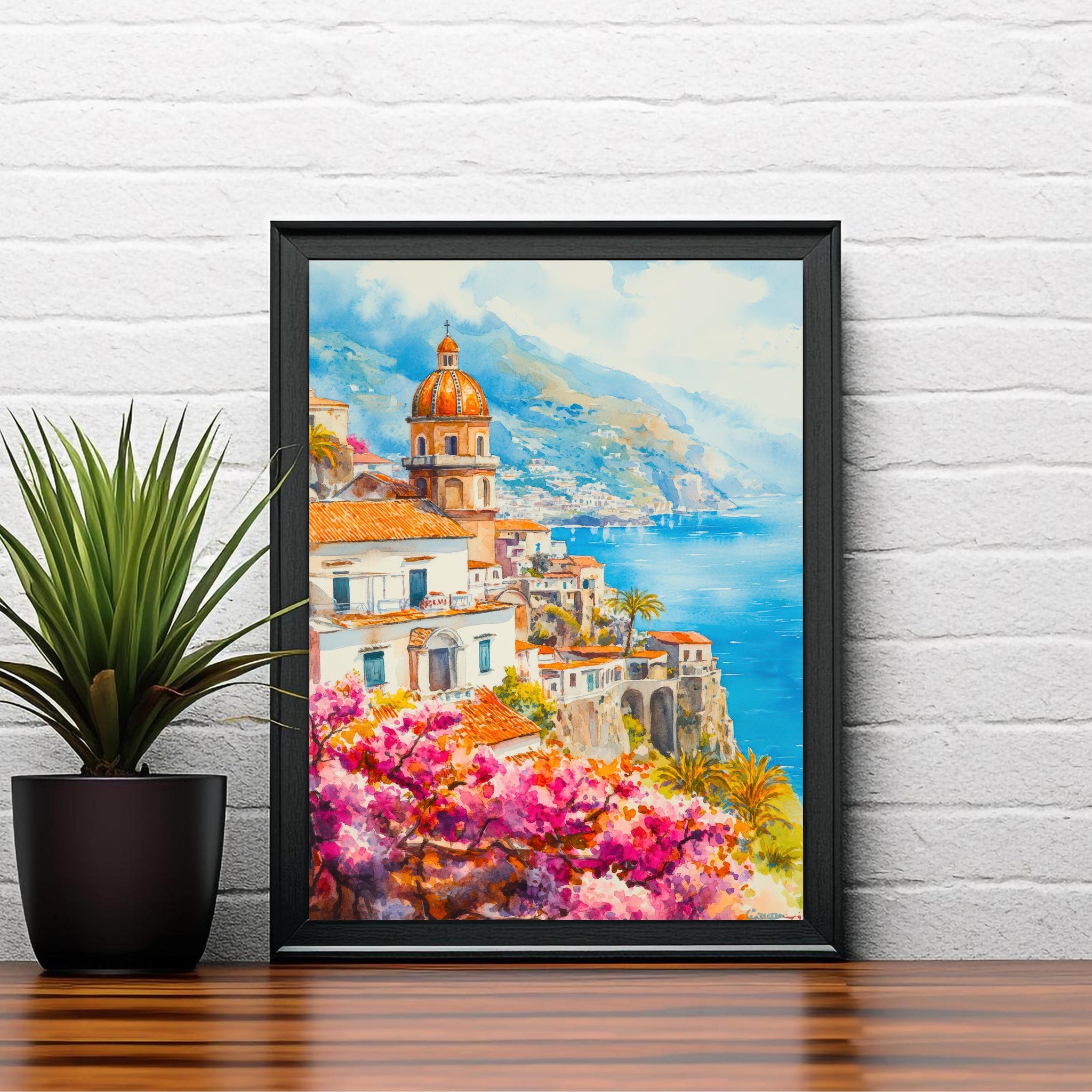 Amalfi Coast Watercolour Painting Poster Italy Wall Art Mediterranean Coastal Print Gift for Europe Lovers and Fans of Scenic Italian