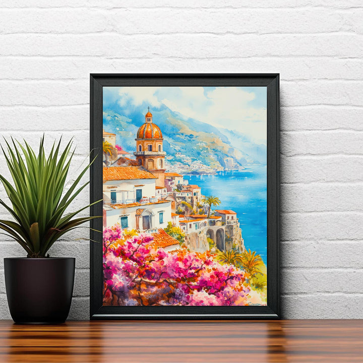Amalfi Coast Watercolour Painting Poster Italy Wall Art Mediterranean Coastal Print Gift for Europe Lovers and Fans of Scenic Italian