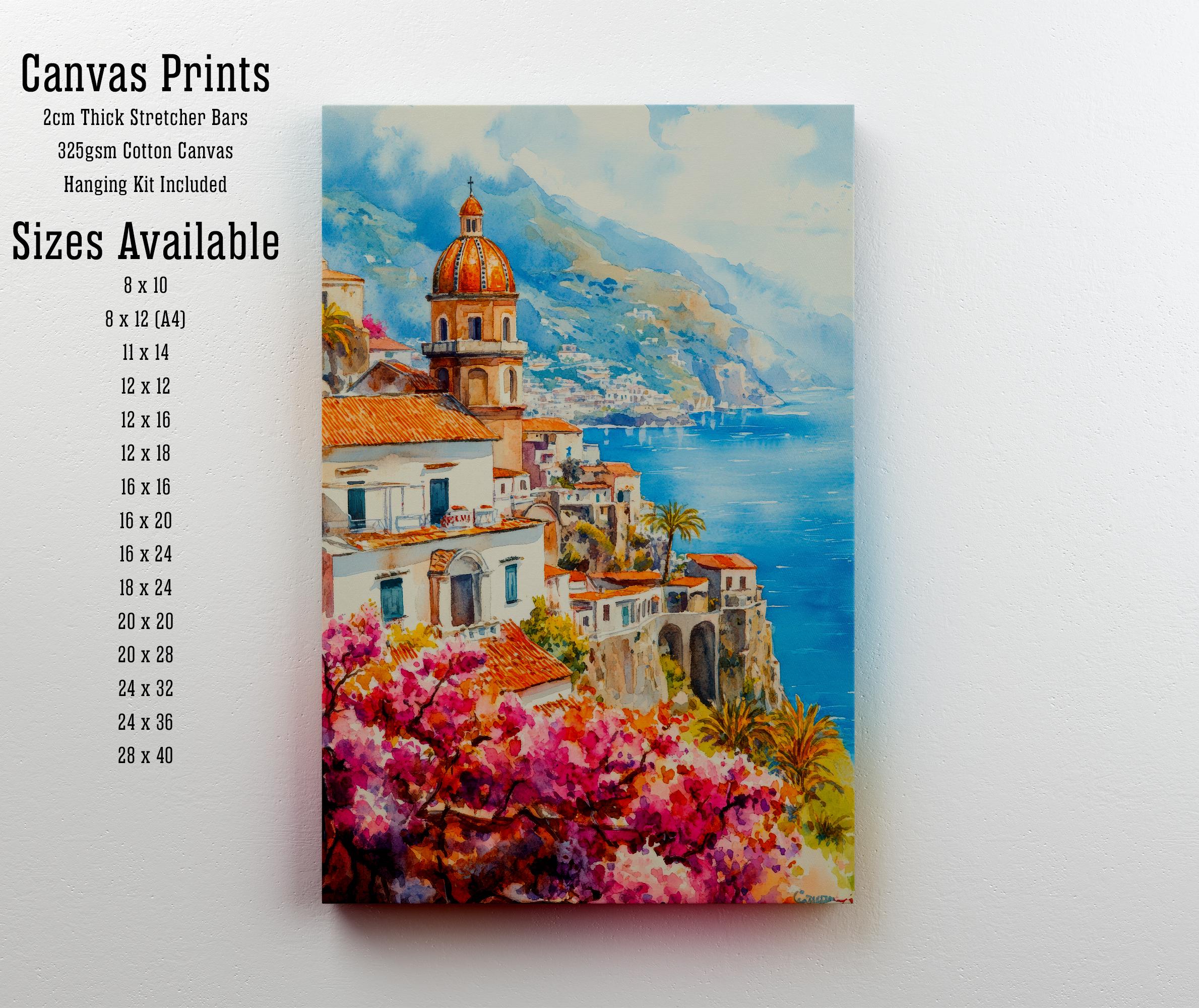 Amalfi Coast Watercolour Painting Poster Italy Wall Art Mediterranean Coastal Print Gift for Europe Lovers and Fans of Scenic Italian