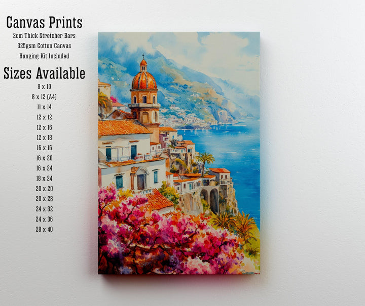Amalfi Coast Watercolour Painting Poster Italy Wall Art Mediterranean Coastal Print Gift for Europe Lovers and Fans of Scenic Italian