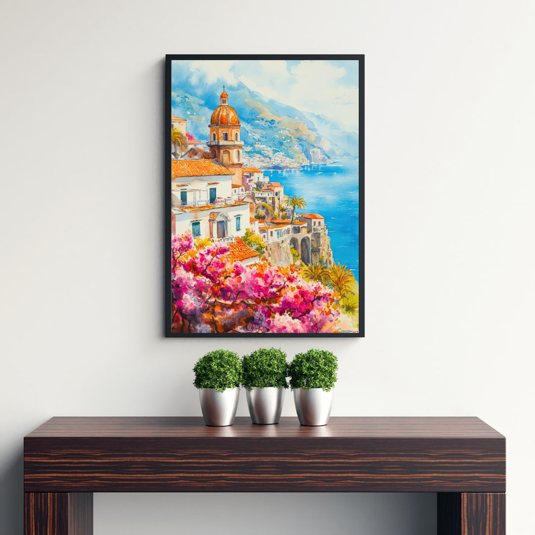 Amalfi Coast Watercolour Painting Poster Italy Wall Art Mediterranean Coastal Print Gift for Europe Lovers and Fans of Scenic Italian