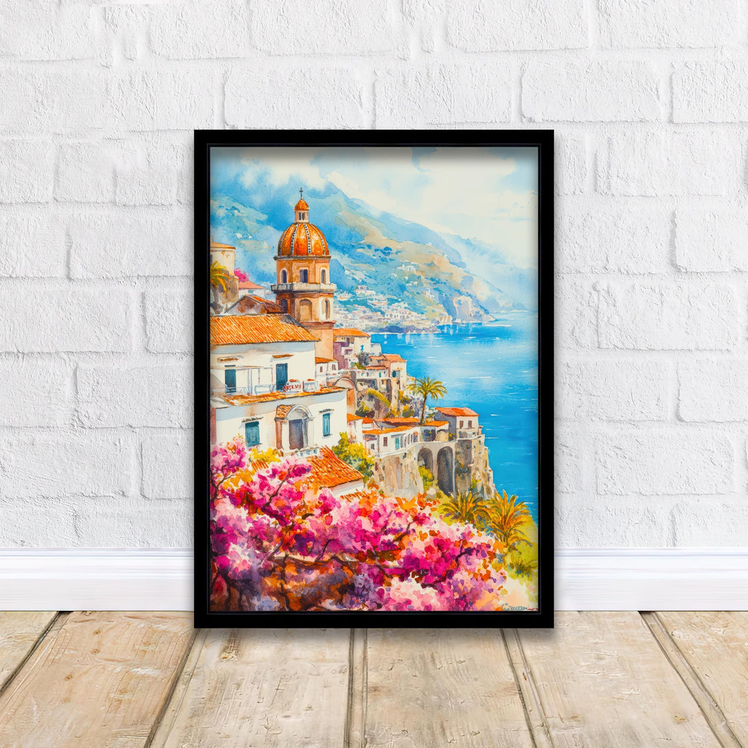 Amalfi Coast Watercolour Painting Poster Italy Wall Art Mediterranean Coastal Print Gift for Europe Lovers and Fans of Scenic Italian