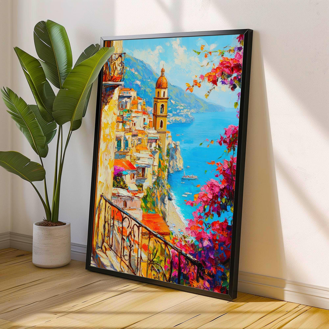 Amalfi Coast Oil Painting Poster Italy Wall Art Mediterranean Coastal Print Gift for Europe Lovers and Fans of Scenic Italian Seaside
