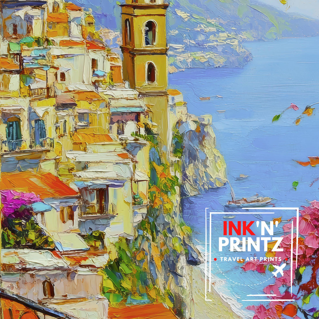 Amalfi Coast Oil Painting Poster Italy Wall Art Mediterranean Coastal Print Gift for Europe Lovers and Fans of Scenic Italian Seaside