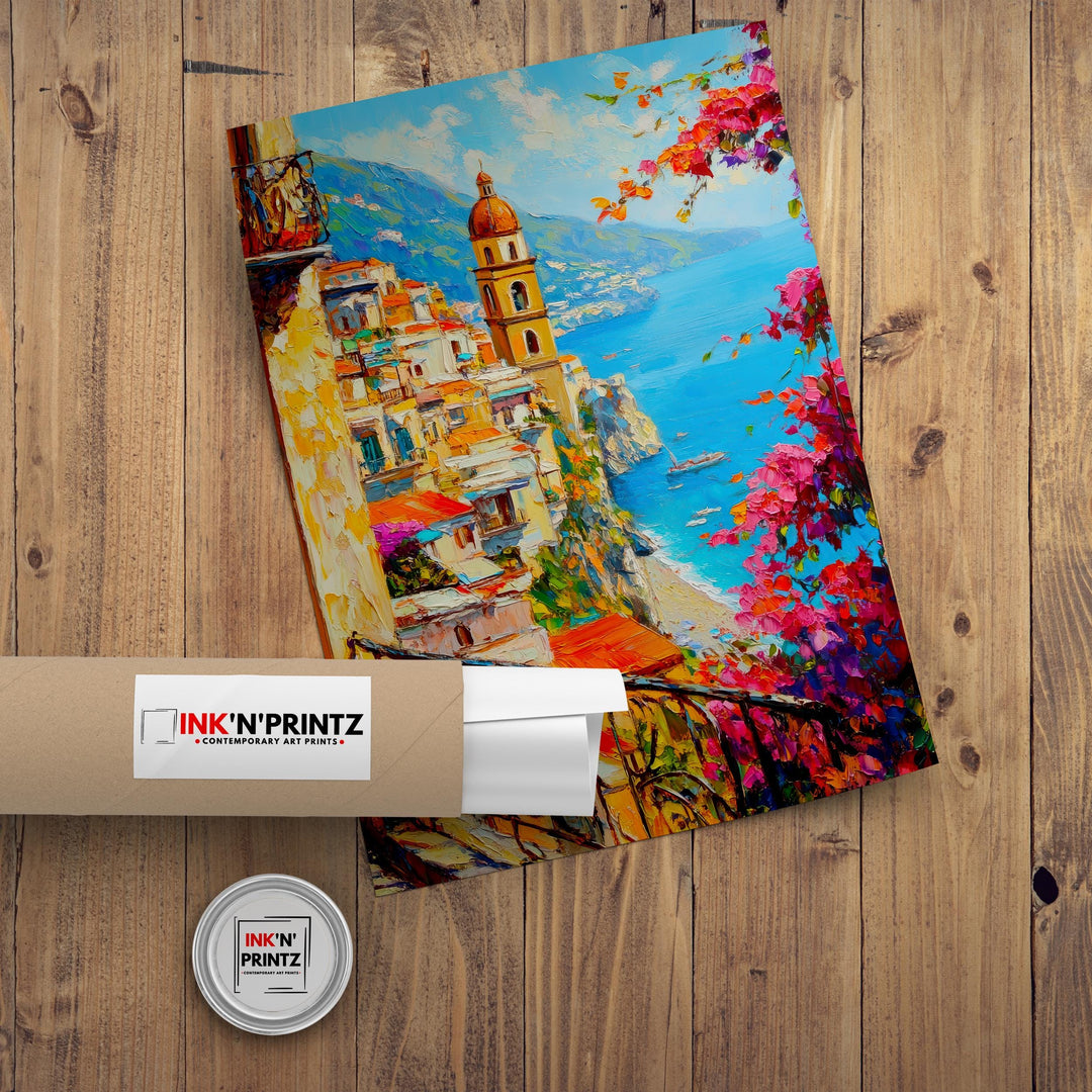 Amalfi Coast Oil Painting Poster Italy Wall Art Mediterranean Coastal Print Gift for Europe Lovers and Fans of Scenic Italian Seaside