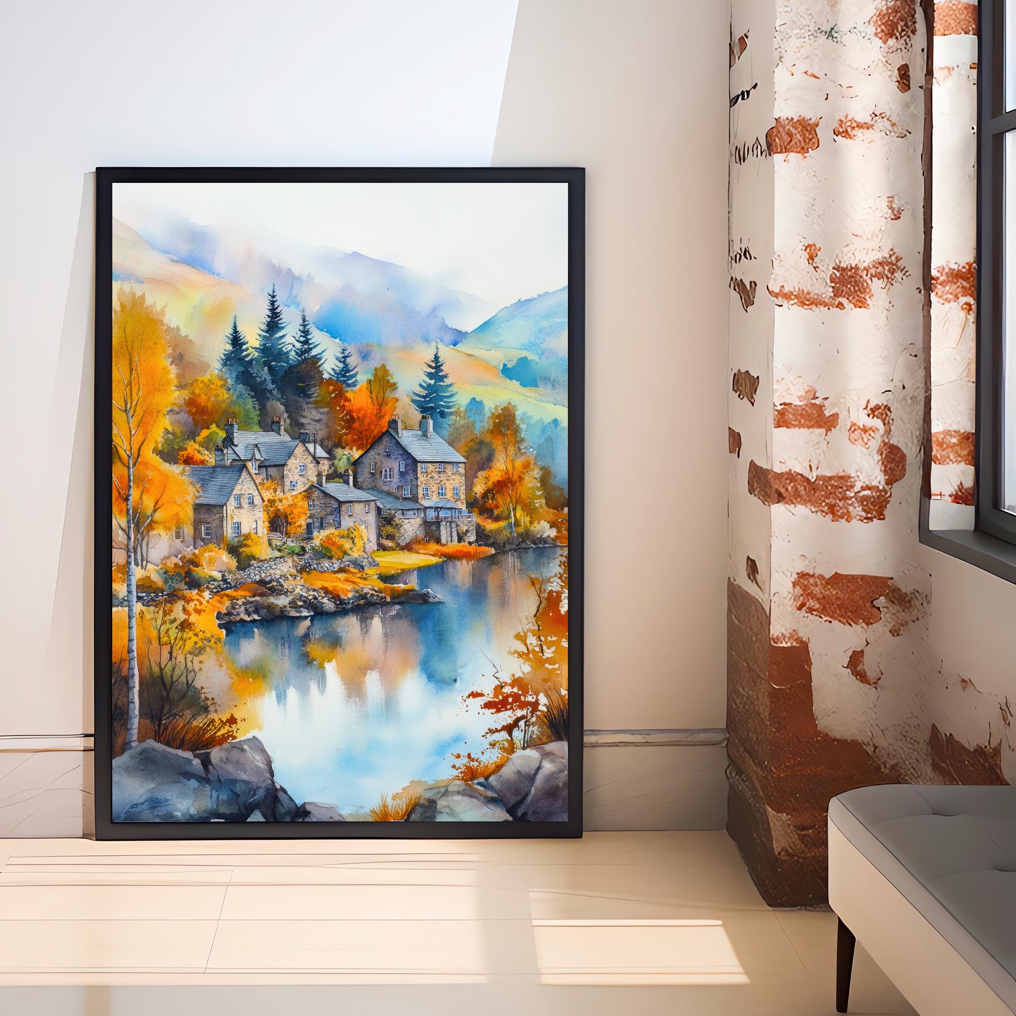 Ambleside Lake District Watercolour Painting Poster England Wall Art Countryside Landscape Print Gift for UK Nature Lovers and Fans