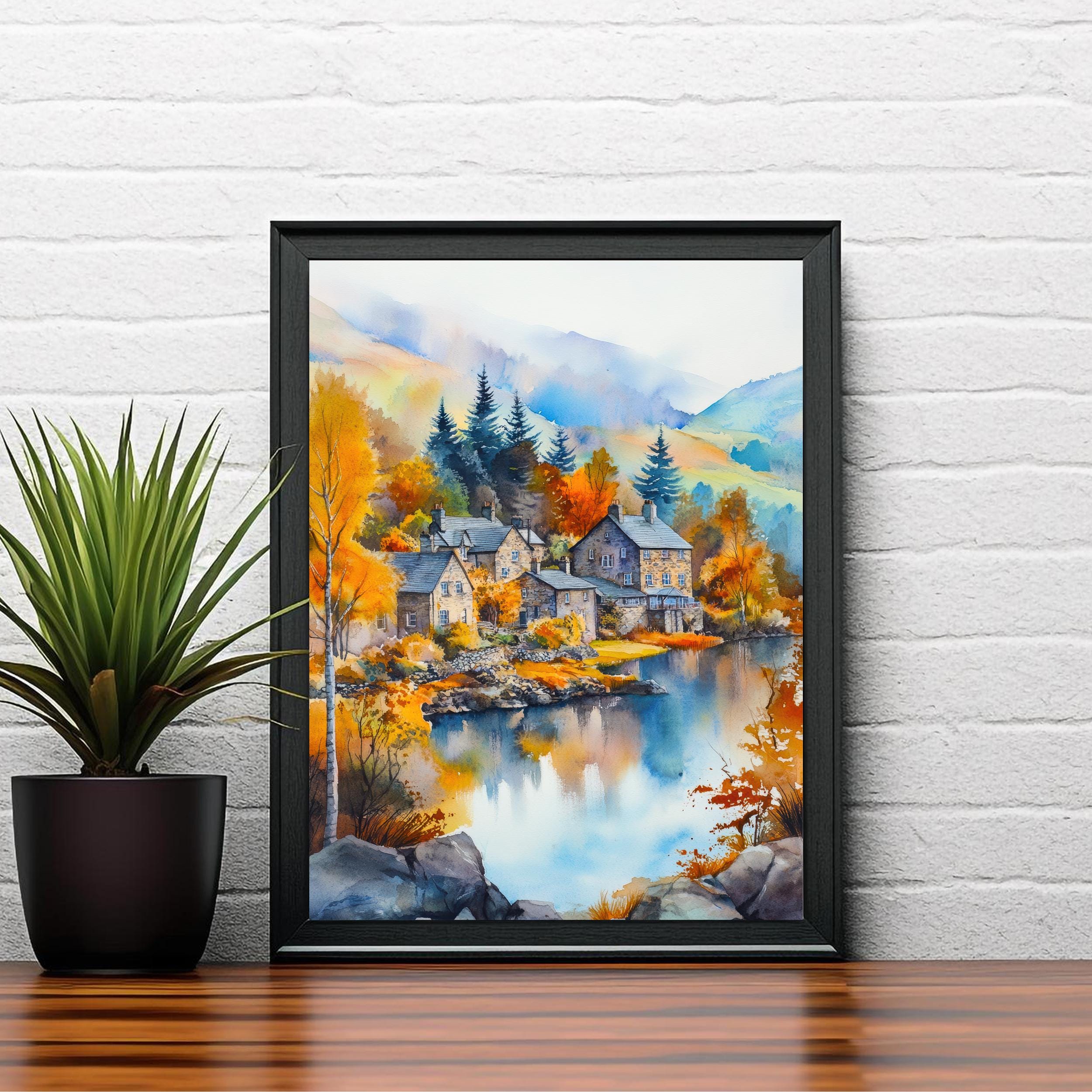Ambleside Lake District Watercolour Painting Poster England Wall Art Countryside Landscape Print Gift for UK Nature Lovers and Fans