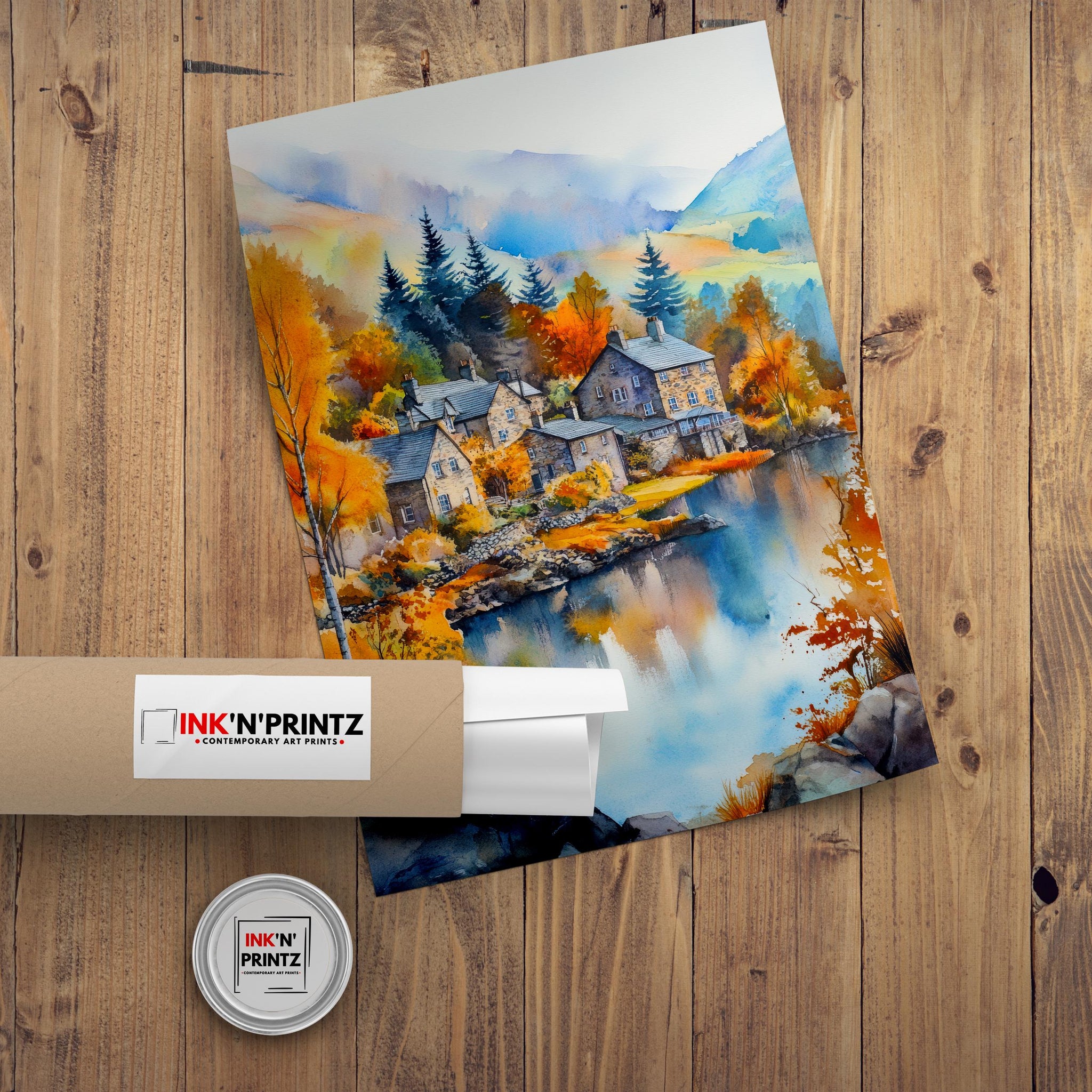 Ambleside Lake District Watercolour Painting Poster England Wall Art Countryside Landscape Print Gift for UK Nature Lovers and Fans