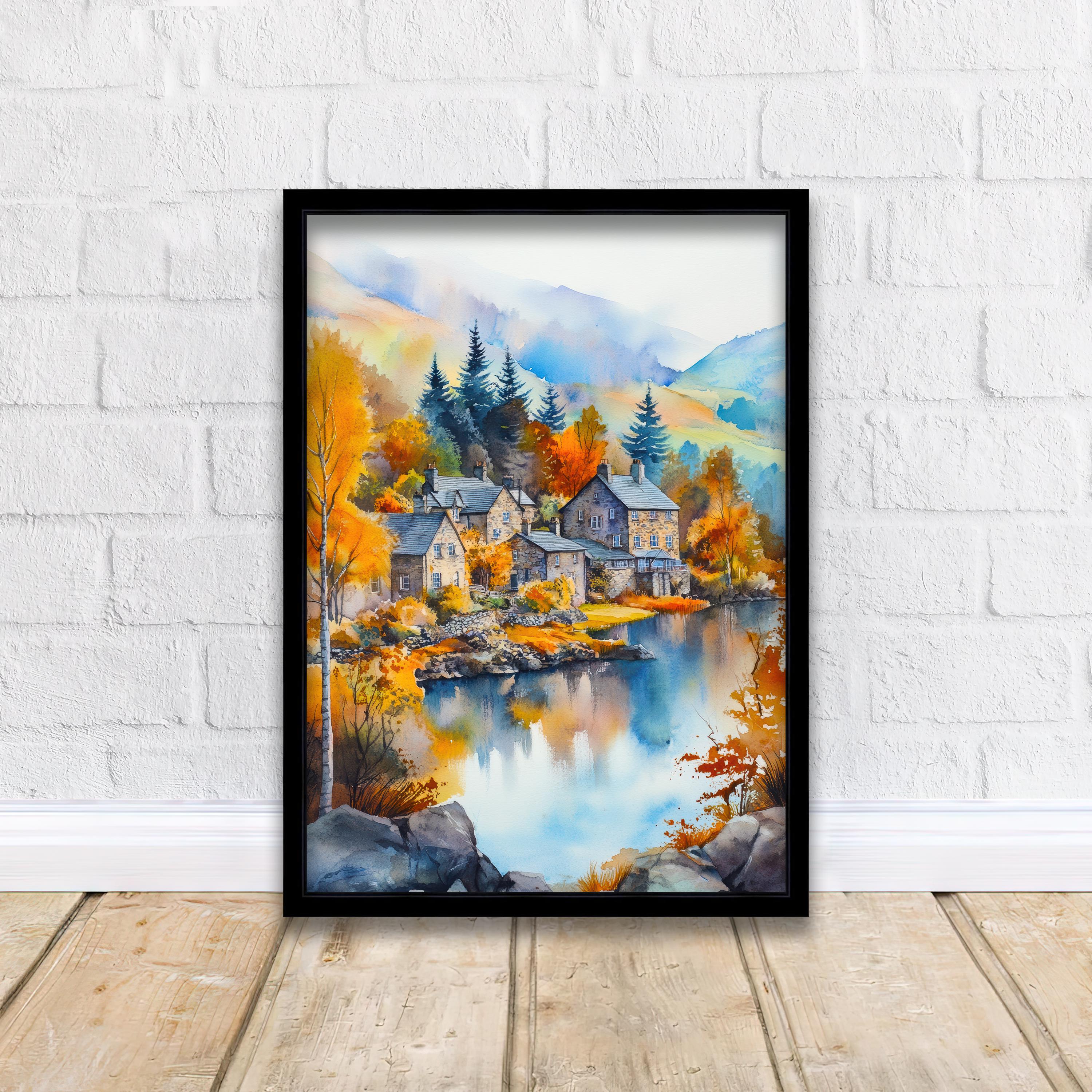 Ambleside Lake District Watercolour Painting Poster England Wall Art Countryside Landscape Print Gift for UK Nature Lovers and Fans
