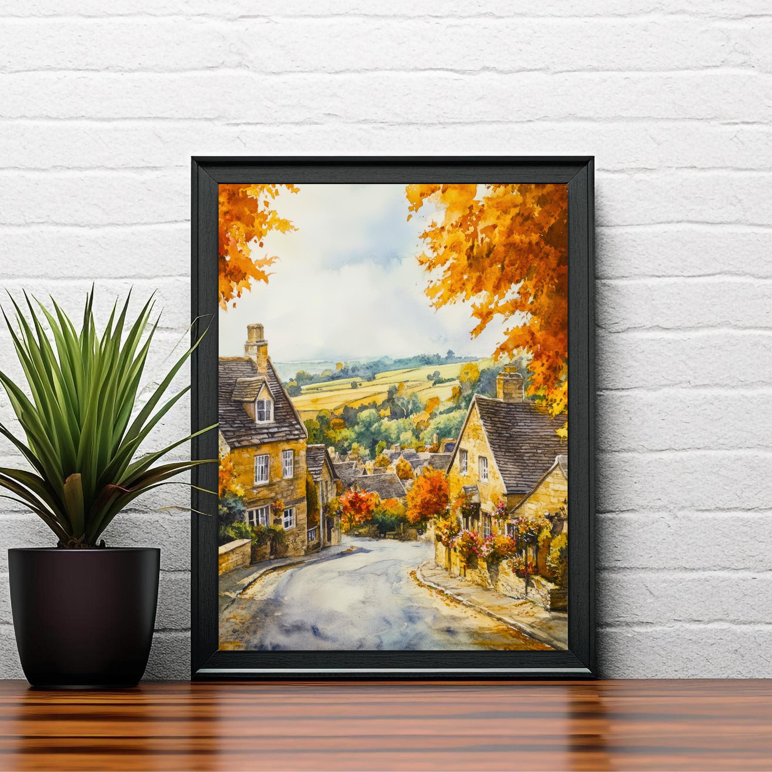 Broadway Watercolour Painting Poster Cotswolds England Wall Art Countryside Village Print Decor Gift for UK Nature Lovers and Fans of Scenic