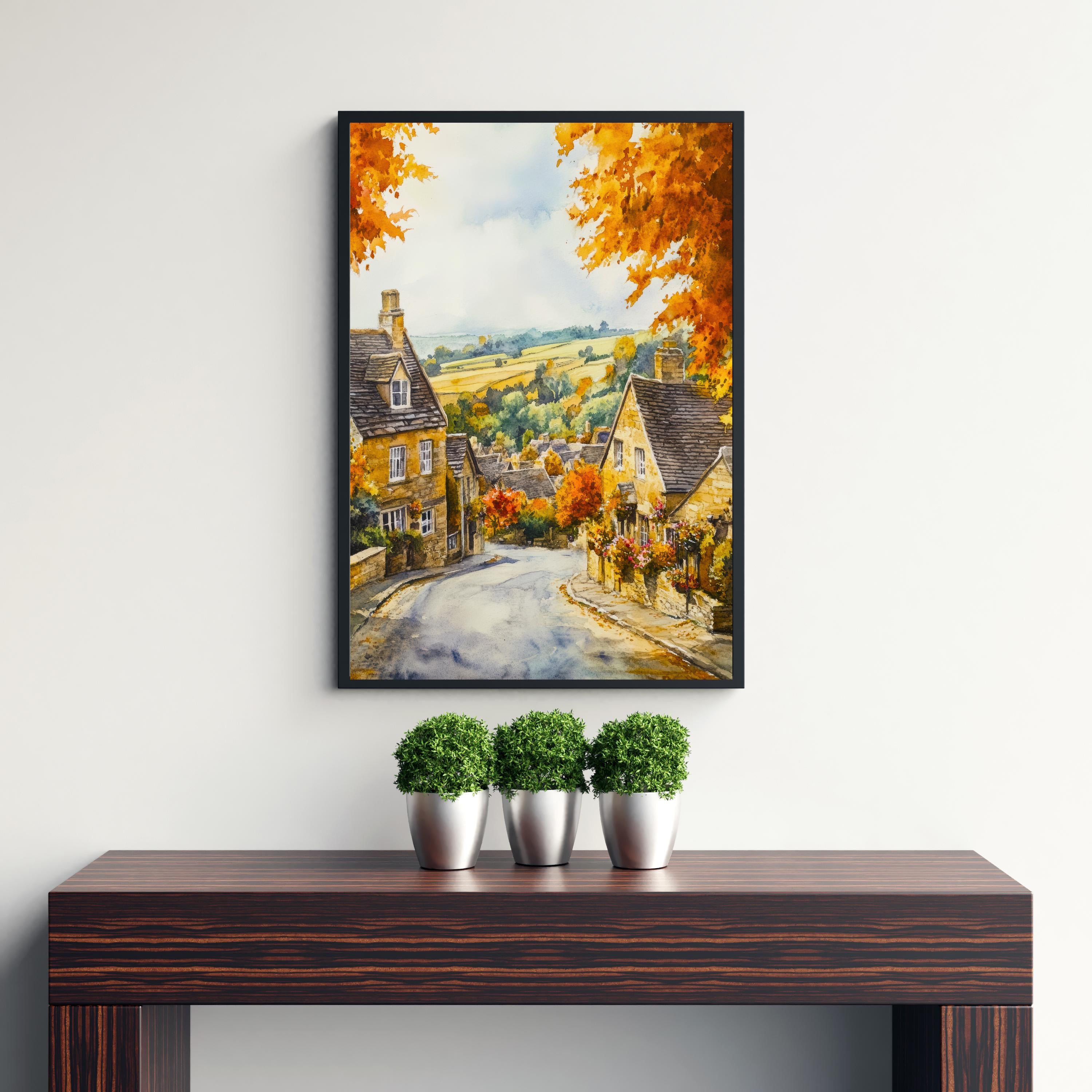 Broadway Watercolour Painting Poster Cotswolds England Wall Art Countryside Village Print Decor Gift for UK Nature Lovers and Fans of Scenic