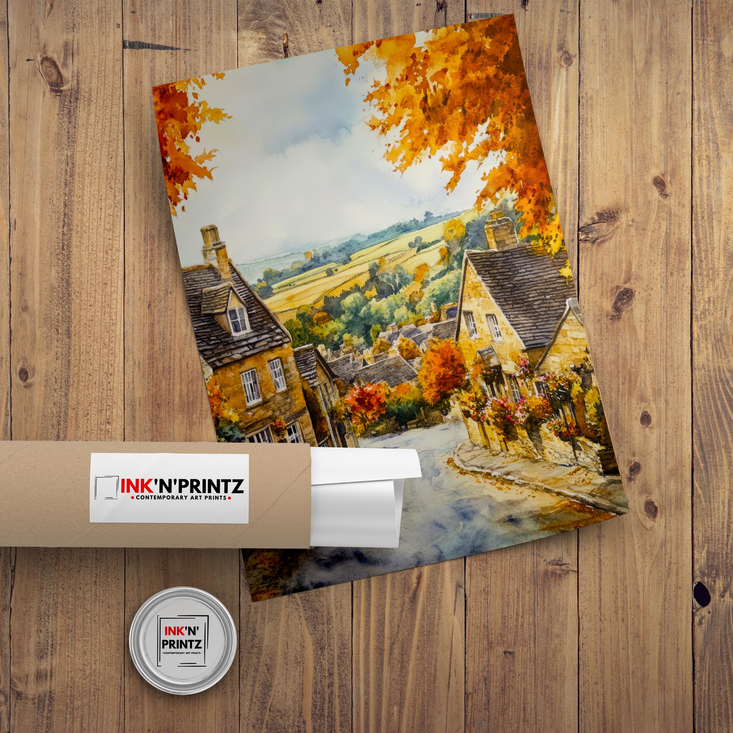 Broadway Watercolour Painting Poster Cotswolds England Wall Art Countryside Village Print Decor Gift for UK Nature Lovers and Fans of Scenic