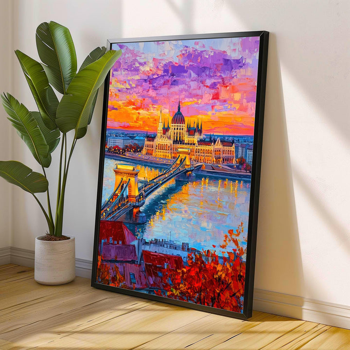 Budapest Oil Painting Poster Hungary Wall Art Danube River City Print Parliament Building Skyline Decor Gift for Europe Lovers and Fans