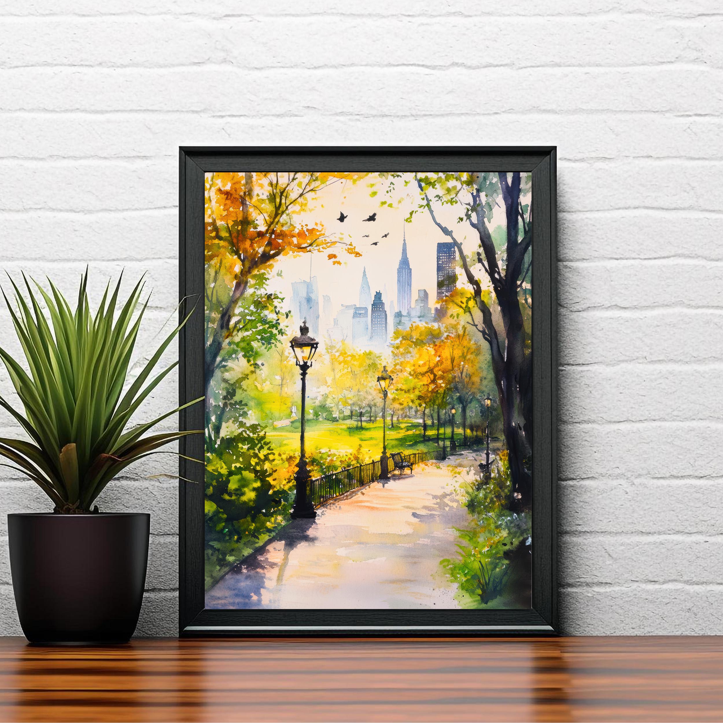 Central Park New York Watercolor Painting Poster USA Wall Art Manhattan City Print Gift for American Travel Lovers and Fans of Scenic Urban