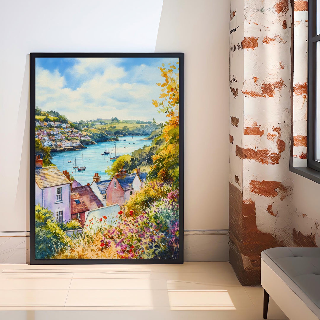 Fowey Cornwall Watercolour Painting Poster England Wall Art Coastal Harbour Print Gift for UK Travel Lovers and Fans of Scenic Cornish